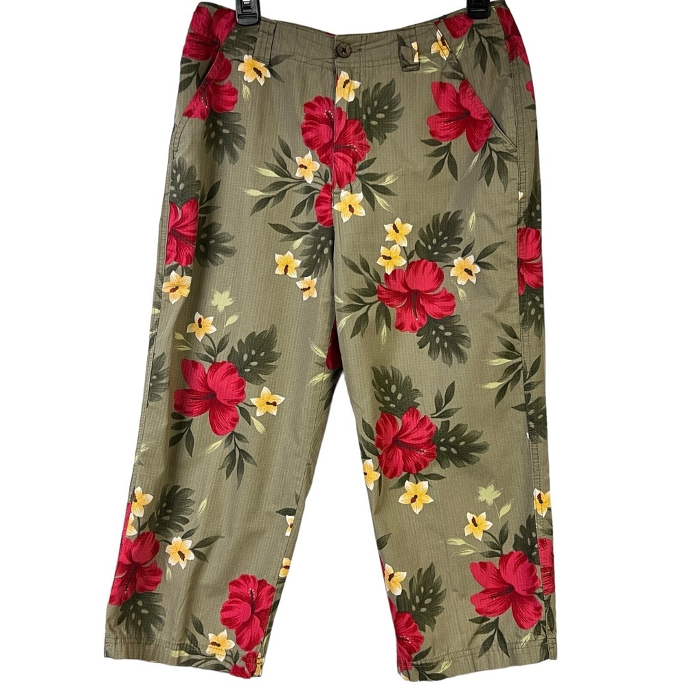 Havana Jack's Pants Cafe Size 10P Olive Green Tropical Floral Capris Boho Beach - Picture 2 of 9